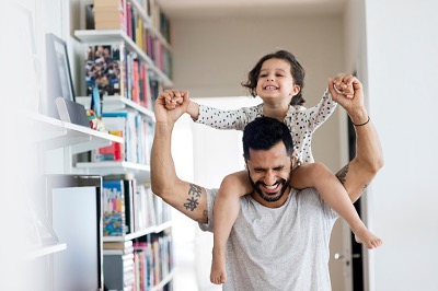 child riding on dad's shoulders