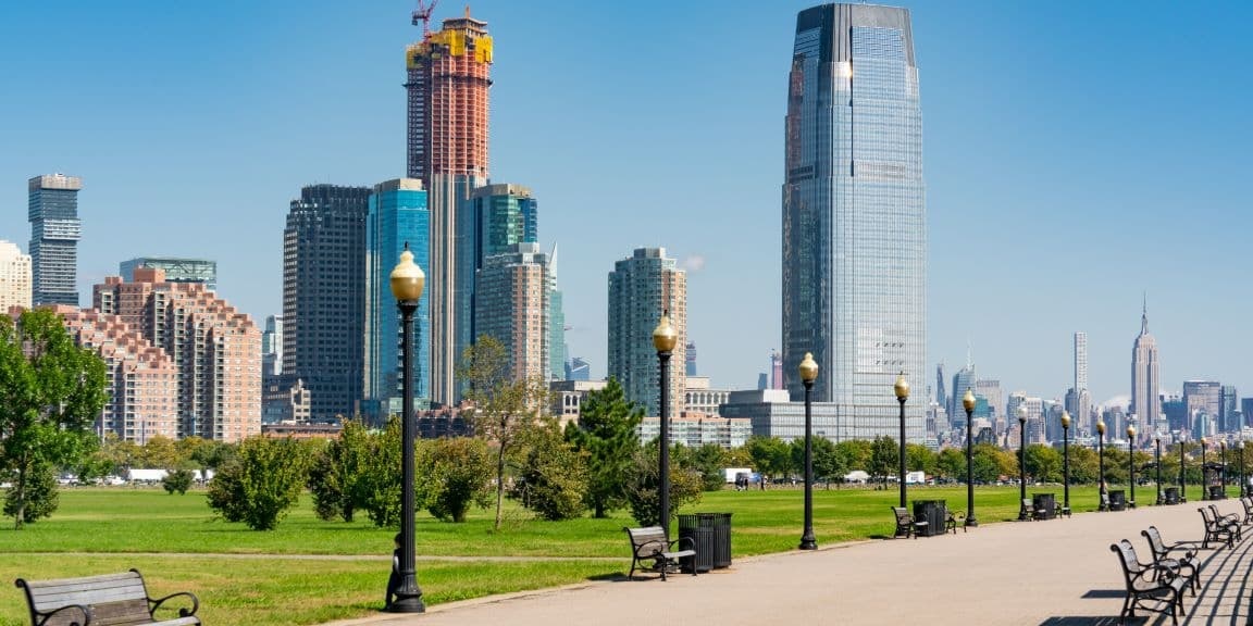 View of a city in New Jersey with a park in the foreground